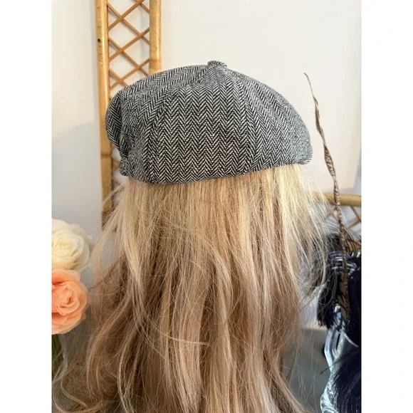 Newsboy Paper Boy Baker Boy Cap Gray Herringbone Tweed Hat Unisex OS Vintage - Picture 16 of 16